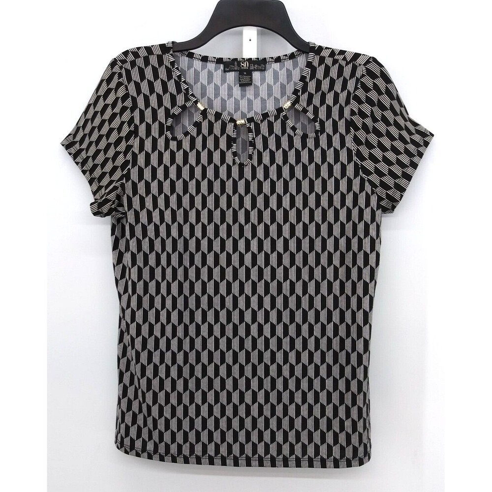 80 Park Blouse Womens Size M Black White Geometric Keyhole Neck Pullover Top